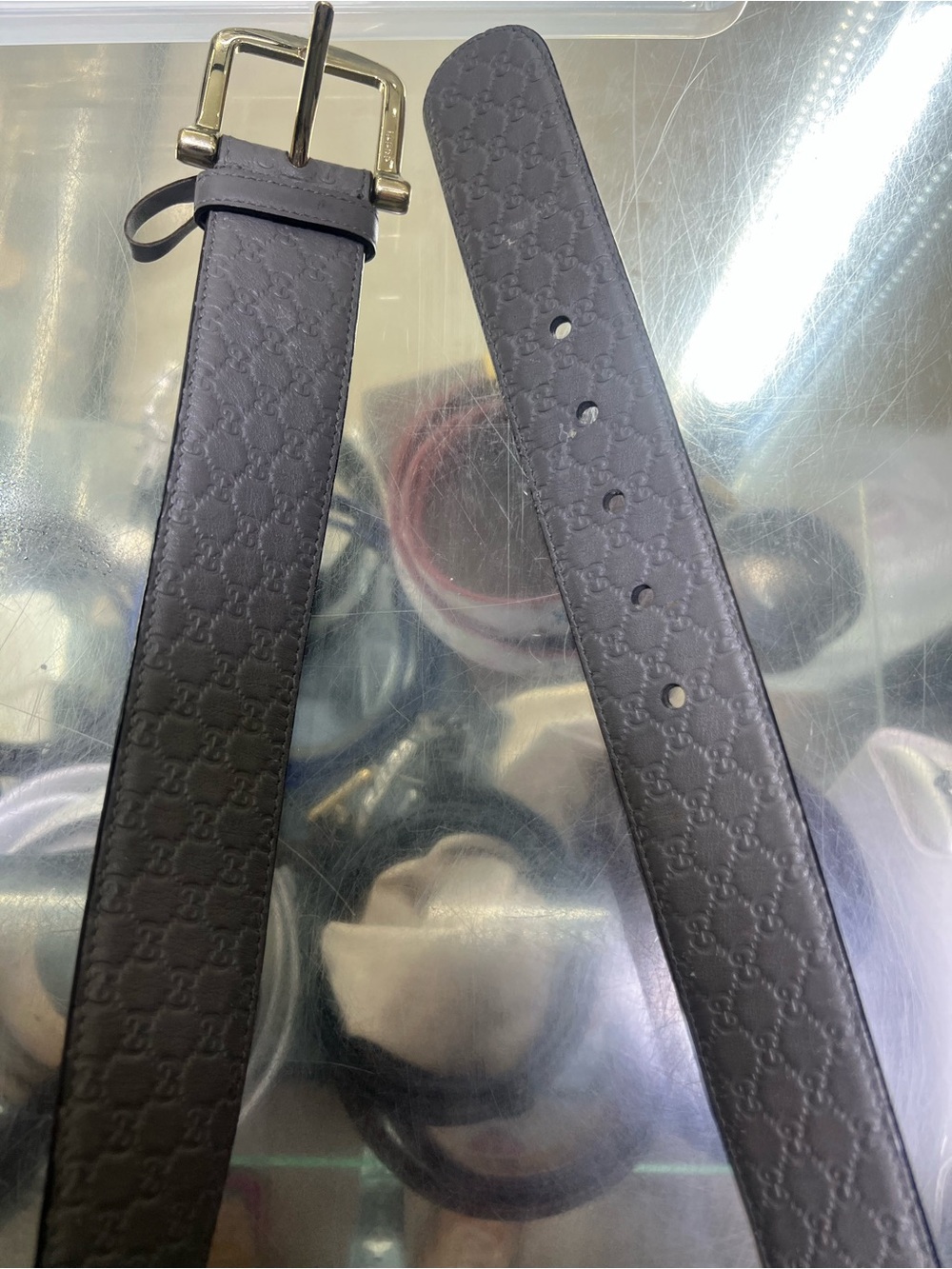 Gucci Black Embossed GG Leather Belt with Gold Buckle